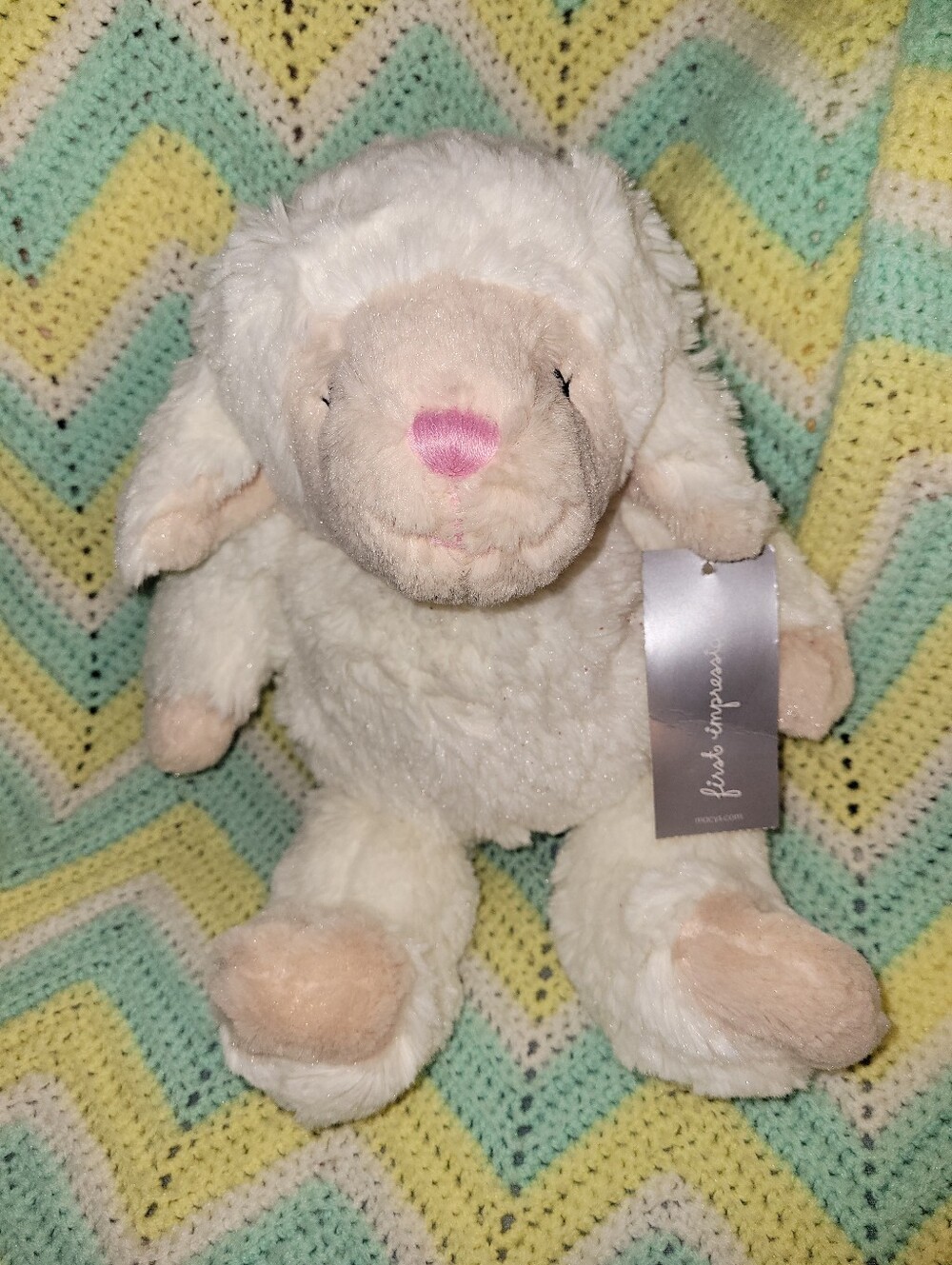 NWT Macys First Impressions Lamb Sheep Cream Plush 12" Stuffed Animal Pink Nose